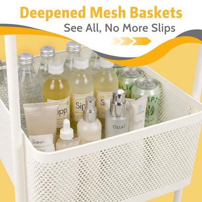 3 Tier Rolling Cart, Metal Utility Storage Carts with Wheels, Craft Cart Organizer, Mesh Basket for Bedside Kitchen Office Art, Milky White
