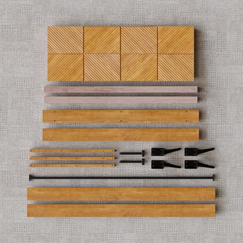 Bme Rhombus Queen Bed Frame – Solid Rubber Wood with Geometric Rhombus Headboard, Teak Brown Finish, Scandinavian Modern Platform Bed with Sturdy Slats & Metal Legs, No Box Spring Needed - color: Teak Brown, size: Queen, style: Scandinavian