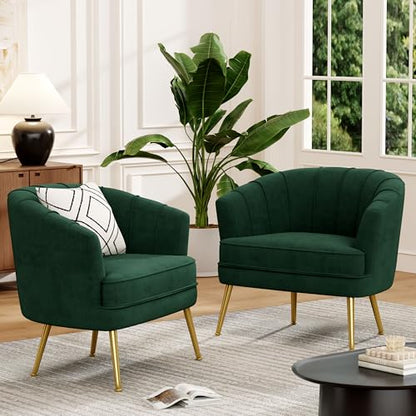 Velvet Accent Chair Set of 2, Barrel Armchair, Green | Velvet Upholstery, Golden Metal Legs, Comfy Barrel Back, Modern Style, Living Room Bedroom Office - color: Green, size: 2 Chairs