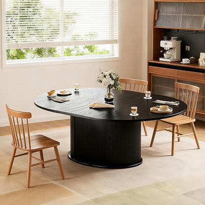 Wildhome Extendable Round Dining Table for 2-4-6, 63 Inch Dining Room Kitchen Table with 2-Tier Storage Shelf, Modern Farmhouse Fluted Wood Slide Door Dinner Furniture,Oval Circle,Black-63 Inch - color: Black-63 Inch