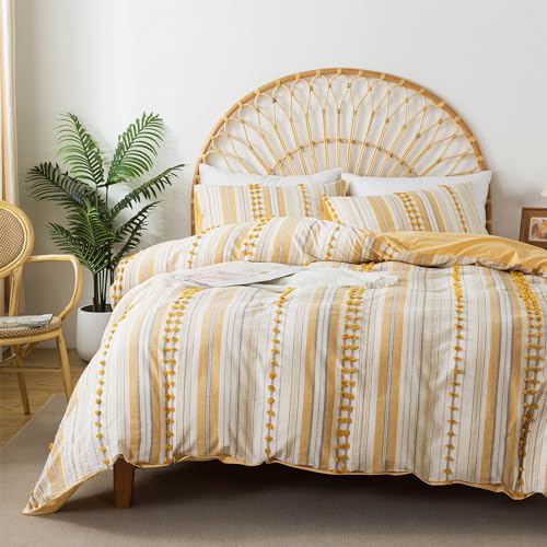 Washed Cotton Queen Size Duvet Cover Set - Tufted Dots Boho Chic Bedding for All Seasons, Striped Pom Pom Bedding Linen Like Textured Breathable Durable Soft Comfy (Yellow, 90x90'') - color: Yellow, size: Queen
