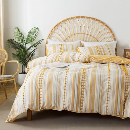 Washed Cotton Queen Size Duvet Cover Set - Tufted Dots Boho Chic Bedding for All Seasons, Striped Pom Pom Bedding Linen Like Textured Breathable Durable Soft Comfy (Yellow, 90x90'') - color: Yellow, size: Queen