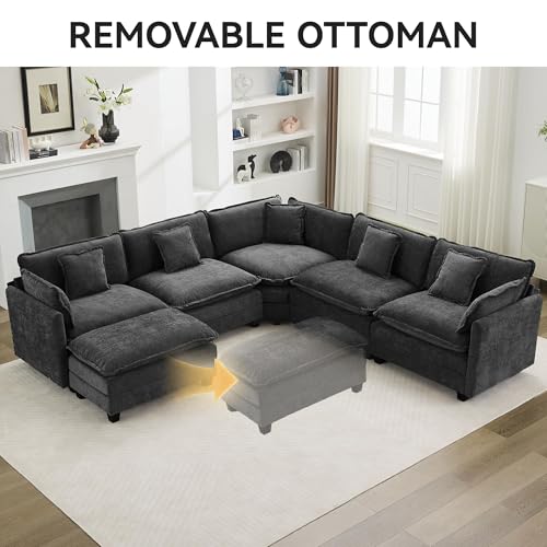 113'' V Shaped Cloud Sectional Sofa, Oversized Deep Seat Couches for Living Room, Chenille Comfy Upholstered Modular Sectional Sofa Couch, Dark Grey - color: Dark Grey, size: 113'' V Shape