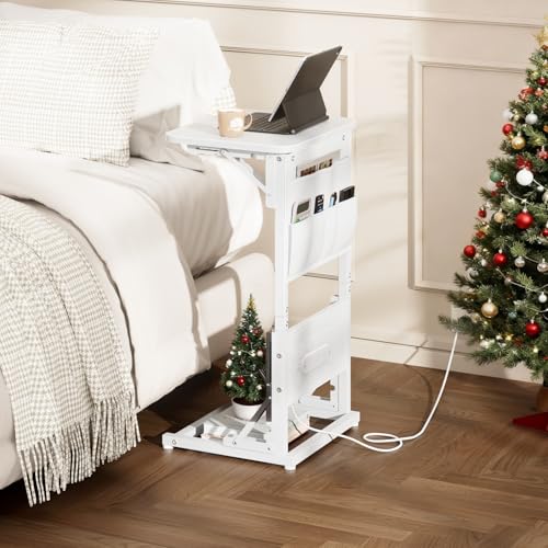 HLDIRECT C Shaped End Table with Charging Station & Storage Bag White | 2 USB & 2 Outlets, Storage Bag, FSC Wood, Foldable, 11.8"D x 15.7"W, for Small Spaces, Couch, Bedroom - color: White