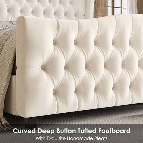 Full Size 54.3" Tall Bed Frame with Wingback Headboard & Footboard | Velvet Upholstered Platform Bed with Deep Button Tufted & Handmade Pleats, No Box Spring Needed, Easy Assembly, Beige/Cream - size: Full