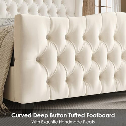 Full Size 54.3" Tall Bed Frame with Wingback Headboard & Footboard | Velvet Upholstered Platform Bed with Deep Button Tufted & Handmade Pleats, No Box Spring Needed, Easy Assembly, Beige/Cream - size: Full