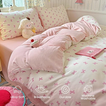 Pink Bow Full Size Duvet Cover | Cute Pink Bow Duvet Cover Set Made of Soft Washable Microfiber with Zipper Closure, Includes 2 Pillowcases - color: Abstract Bow-02, size: Full(No Comforter)
