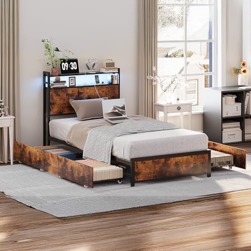 VINGLI Bed Frame Twin Size with 4 Storage Drawers and Storage Headboard, Metal Platform with Charging Station and LED Lights, No Box Spring Needed, Easy Assembly, Vintage Brown - color: Vintage Brown, size: Twin/4 Drawers