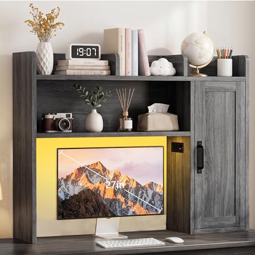 Dorm Desk Hutch, 37.4" Desktop Shelf with 6 Shelves & Power Outlet | Desk Hutch with Drawer & RGB LED Light Over Desk Organizer Desktop Storage Shelf for Dorm Office Home Computer Desk-Grey - color: Grey, size: 37.4" with LED