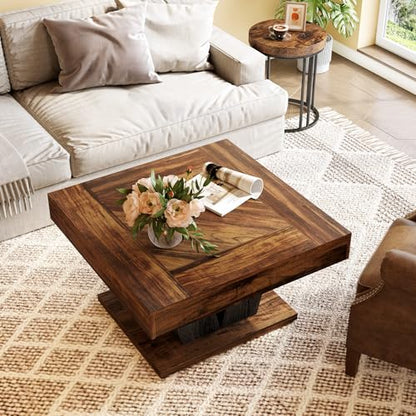 LITTLE TREE Square Coffee Table, Modern Rustic Coffee Table for Living Room, Wooden Table with Adjustable Feet, Brown - color: Brown + Black