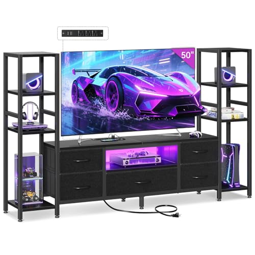 Casaottima TV Stand for 40/50/55 Inch TV, Low-Profile Entertainment Center with LED Lights & Power Outlets, TV Stand with Drawers & Open Shelves for Storage for Small Spaces/Living Room/Gaming, Black - size: 71 Inch