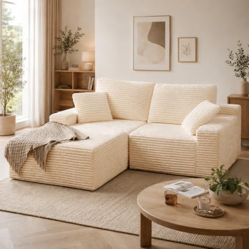 75" Cloud Modular Boneless Couch, Left Facing L-Shaped Chaise Sectional Sofa - No Assembly Required, Plush Corduroy & Memory Foam, for Living Room Bedroom Apartment (Beige) | Left Facing Chaise,No Assembly,Corduroy Fabric, High-Density Foam, Dorm Room, Ap