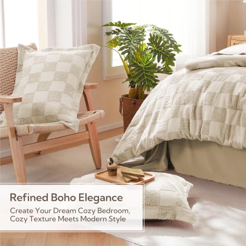 MR&HM King Size Comforter Set 7 Pieces, Checkered Boho Tufted Bed Set Beige | Farmhouse Vintage Bed with Plaid Geometric Design, All-Season Bed in A Bag Comforter with Sheets, Pillow Shams & Pillowcases - color: 1- Beige- Checkered, size: King