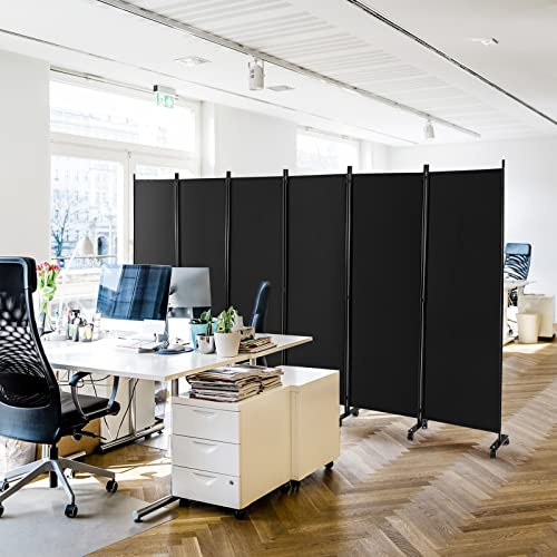 NAFORT 6 Panel Folding Room Divider for Room Separation, Freestanding Privacy Screen with Lockable Universal Wheels, Fabric Wall Partition Screen for Living Room, Bedroom, Office, Black - color: Black