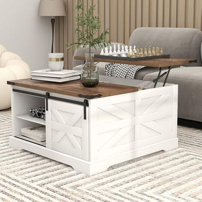 TaoHFE Lift Top Coffee Table with Storage,Rustic White Farmhouse Coffee Table, Square Storage Compartment and Adjustable Shelves Coffee Tables for Living Room (Oak White) - color: Oak White