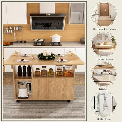KEIKI 47 Inch Foldable Dining Table, Multi-Functional Folding Table with Storage Shelves and Wheels, Drop Leaf Extendable Dining Desk, Versatile Foldable Side Table for Kitchen, Dorm, Office, Walnut - color: Walnut