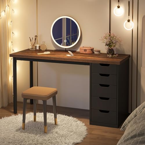 Tribesigns Computer Desk with 5 Drawers, 47 inches Rustic Brown Home Office Desk with Storage, Modern Simple Laptop Desk Study Writing Table for Small Spaces (1, Brown+Black) - color: Brown+black