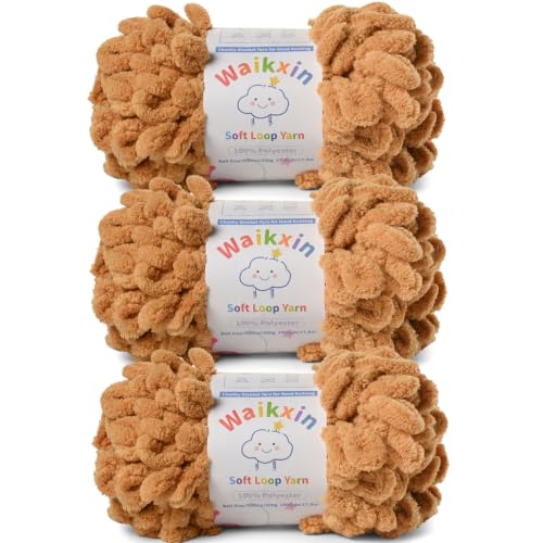 Super Soft Loop Yarn for Finger Knit, 3 Pack of 7.05oz/19.5yds Each, Chunky Blanket Yarn for Hand Knitting, #7 Jumbo Chenille Yarn, Fluffy Baby Blanket Yarn for Crochet Amigurumi (3 Khaki) - color: 3 Khaki
