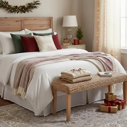Indoor Wicker Bench 47" Solid Wood Acacia & Natural Woven Seat, Natural Leg | Living Room, Dining Bench or End of Bed Bench, Boho Rustic Farmhouse Style - color: Plait - Natural Leg & Water Hyacinth