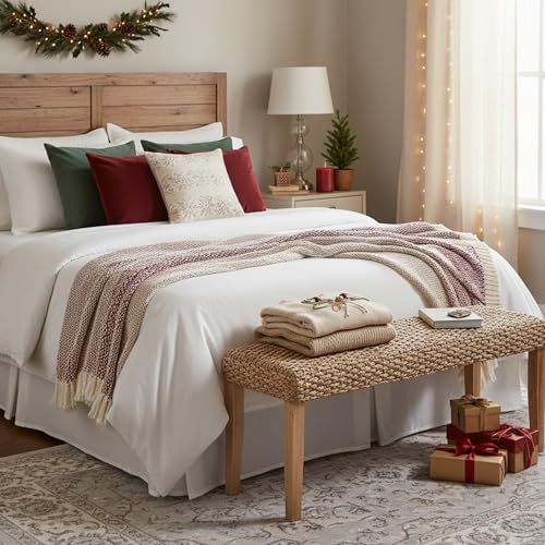 Indoor Wicker Bench 47" Solid Wood Acacia & Natural Woven Seat, Natural Leg | Living Room, Dining Bench or End of Bed Bench, Boho Rustic Farmhouse Style - color: Plait - Natural Leg & Water Hyacinth