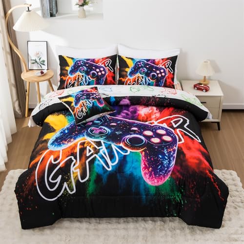 Aimuan Gamer Gaming Bedding Sets 3D Gamepad Comforter Sets for Boys Games Console Action Buttons Novelty Colorful Game Controller Modern Room Decor Home Quilt Set (Black-Purple, Queen 6Pcs) - color: Black-purple, size: Queen(6Pcs)