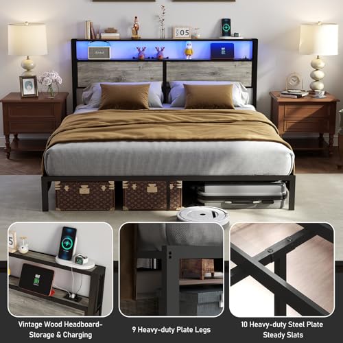 RVONOW King Size Bed Frame with 2-Tier Storage Headboard, Rustic Grey | Wooden headboard with LED lights, built-in charging station, No Box Spring Needed, Noise Free, Easy Assembly, Modern Bedroom - color: Rustic Grey, size: King