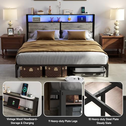RVONOW King Size Bed Frame with 2-Tier Storage Headboard, Rustic Grey | Wooden headboard with LED lights, built-in charging station, No Box Spring Needed, Noise Free, Easy Assembly, Modern Bedroom - color: Rustic Grey, size: King