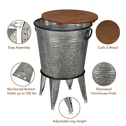 RUSTOWN Farmhouse Side Tables Set of 2, Galvanized Metal Bucket End Table | Storage Metal Bin with Round Wooden Lid, Accent Side Table, Rustic Antique Cocktail Table for Living Room, Bedroom, Outdoor - color: Galvanized