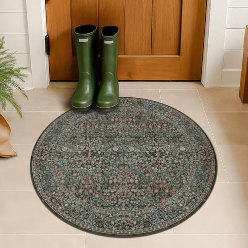 Vintage 3ft Round Washable Entryway Rug, Soft Small Round Area Rugs for Indoor Door Mat, Bedroom, Kitchen, Bathroom, Living Room, Ultra-Thin Non-Slip Dark Green Floral Front Door Circle Rug Décor - color: Dark Green / Black, size: 3' (Round)