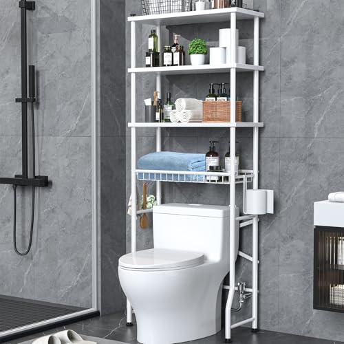 Over the Toilet Storage shelf, 4-Tier Bathroom Organizer Rack, Easy To Install with Adjustable Feet Pad and Basket Freestanding Bathroom Shelves Above Toilet, Space Saver Toilet Storage Cabinet(White) - color: White