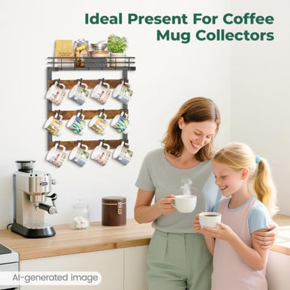 EsLuker.ly Coffee Mug Holder Cup Hanger Wall Mounted Display Rack | Metal Organizer with 12 Movable Plastic Hooks, Wood Rustic Shelf for Coffee Bar Home Kitchen, Thoughtful Wall Storage - style: 12 Movable Hooks Brown Style