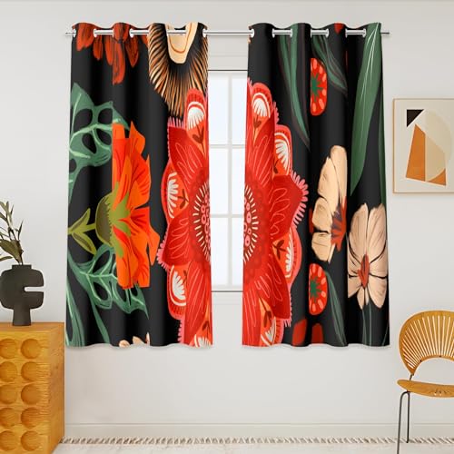 Tyrot Black Floral Grommet Blackout Curtains, 52W x 45L, 2 Panels | Colorful Botanical, Thermal Insulated, Heat Blocking Privacy, Short Window Drapes for Kitchen, Bathroom, and Basement - color: Crimson Shadow, size: 52"W x 45"L (Pack of 2)