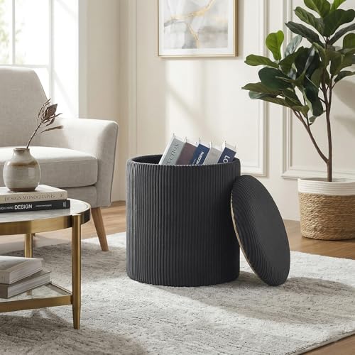 14.5" Round Storage Ottoman with Upgraded Wood Tray Lid Dark Grey | Ribbed Corduroy Vanity Stool for Makeup Room, Small Foot Rest for Small Spaces, 2-in-1 Coffee Table & Hidden Storage Bench - color: Dark Grey - Upgrade Taray Lid