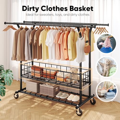 HOKEEPER Clothes Rack Load 635 LBS, Black Double Rod with Metal Basket | Heavy Duty Clothing Rack, Large Storage Space, with Wheels, Easy to Move & Assemble, 5 Years Sweet Service, 21.6"D*71"W*68"H - color: Black