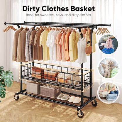 HOKEEPER Clothes Rack Load 635 LBS, Black Double Rod with Metal Basket | Heavy Duty Clothing Rack, Large Storage Space, with Wheels, Easy to Move & Assemble, 5 Years Sweet Service, 21.6"D*71"W*68"H - color: Black