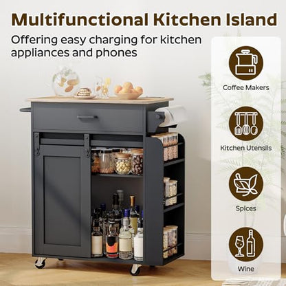 Kitchen Island with Storage, Mobile Kitchen Cart with Charging Station, Kitchen Island on Wheels, Rolling Island Table with Sliding Cabinet Door, Black and Rustic Brown ZD01UBR - color: Rustic Brown + Black