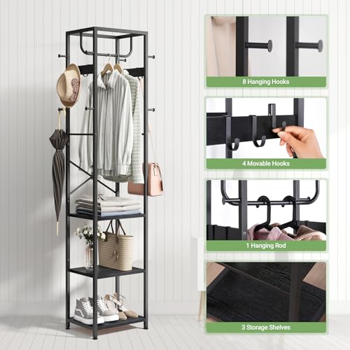 ELYKEN Coat Rack Freestanding, Hall Tree with 3 Shelves and 12 Hooks, Black | Industrial Metal Frame, Space-Saving Design, Clothes Rack Stand Organizer for Bedroom, Hallway, Entryway, Office, Living Room - color: Black
