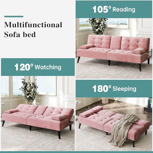 Futon Sofa Bed, Small Convertible Sofa Couch Recliner, 64 in Adjustable Sofa Bed for Living Room, Removable Armrest Pillows, Pink - color: Pink