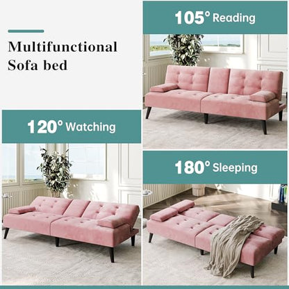 Futon Sofa Bed, Small Convertible Sofa Couch Recliner, 64 in Adjustable Sofa Bed for Living Room, Removable Armrest Pillows, Pink - color: Pink
