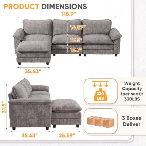 Homall 118.9" L Shaped Cloud Couch, Modular Sectional Sofa for Living Room | Comfy Chenille, Movable Ottoman, 3 Seat, Double Layer Cushion, Sturdy Frame, High-Density Foam, Easy Assembly, Light Grey - color: Light Grey, size: L Shaped Sofa
