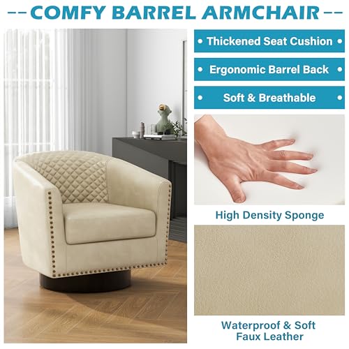 Faux Leather Swivel Accent Chair, Modern Barrel Club Armchair, Beige | Comfy Living Room Chair, Modern Nailhead Trim Round Armchair Bedroom Reading Seat with Removable Cushion, Wood Frame - color: Retro Beige