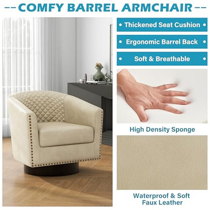 Faux Leather Swivel Accent Chair, Modern Barrel Club Armchair, Beige | Comfy Living Room Chair, Modern Nailhead Trim Round Armchair Bedroom Reading Seat with Removable Cushion, Wood Frame - color: Retro Beige