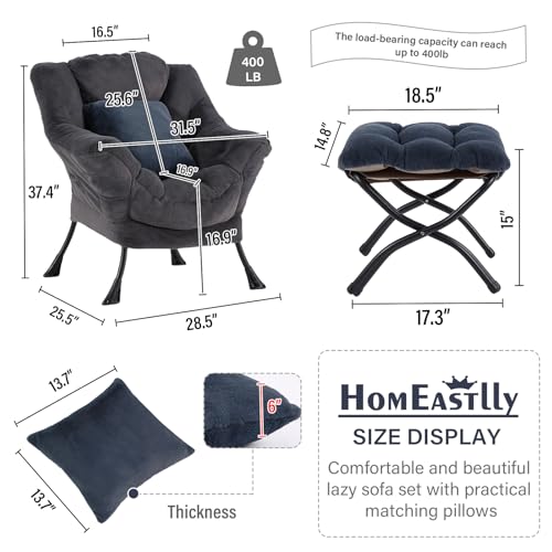Lazy Chair with Ottoman, Plush Reading Chair with Pillow， Gray | Removable machine-washable cover; includes an extra throw pillow; cozy accent chair for living room, bedroom, dorm or office - color: Plush Blue-gray-1