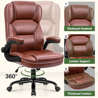 Leather Office Chair with Flip Up Arms, 360° Swivel Ergonomic Desk Chair with Wheels, Adjustable Height Computer Chair with Padded Seat for Home Office, Study,Gaming Room, Brown - color: Brown
