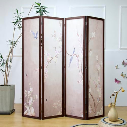 4 Panel Fabric Room Divider with Pattern, 5.6 ft Tall Folding Privacy Screen for Room Separation, Thickened Wood Frame Freestanding Partition Wall, Colourful Plum (67" H x 63" W) - color: Colorful Plum
