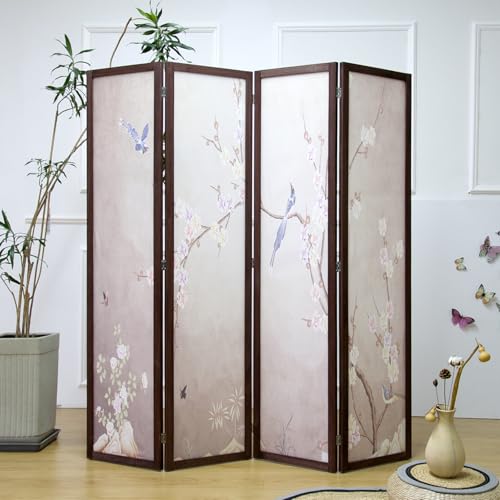 4 Panel Fabric Room Divider with Pattern, 5.6 ft Tall Folding Privacy Screen for Room Separation, Thickened Wood Frame Freestanding Partition Wall, Colourful Plum (67" H x 63" W) - color: Colorful Plum