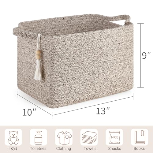 Mkono Woven Storage Basket, Cube Cotton Rope Basket for Shelves, 13"x10"x9" | Organizes Shoes Clothes Toys Towels Books, Gift Basket, Wooden Beads Tassel, Rectangle Bin, Fits Entryway Bedroom Living Room - color: Brown