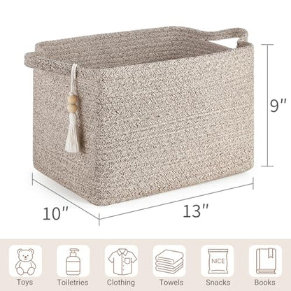 Mkono Woven Storage Basket, Cube Cotton Rope Basket for Shelves, 13"x10"x9" | Organizes Shoes Clothes Toys Towels Books, Gift Basket, Wooden Beads Tassel, Rectangle Bin, Fits Entryway Bedroom Living Room - color: Brown
