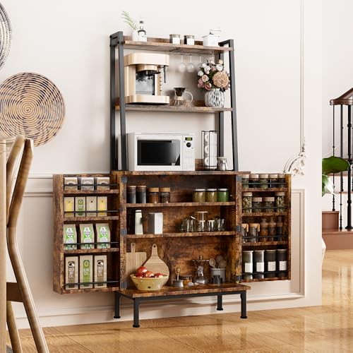 58” Pantry Cabinets with Microwave Shelves, Freestanding Kitchen Storage Cabinet with Adjustable Shelves, Buffet Cupboards for Kitchen, Dining Room, Living Room Use, Retro Brown - color: B-58" Retro