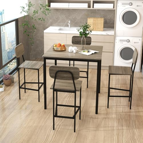 Giantex 5-Piece Dining Table Set W/Counter Height Table & 4 Bar Stools, Modern Kitchen Dining Set W/Footrest & Backrest, Space-Saving Dinette Set for Pub, Dining Room, Restaurant (Black Oak) - color: Black Oak